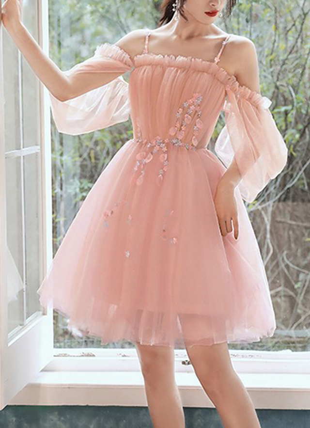 A-line Square Neckline Short Sleeve Short/mini Tulle Dresses With Beading Pleated