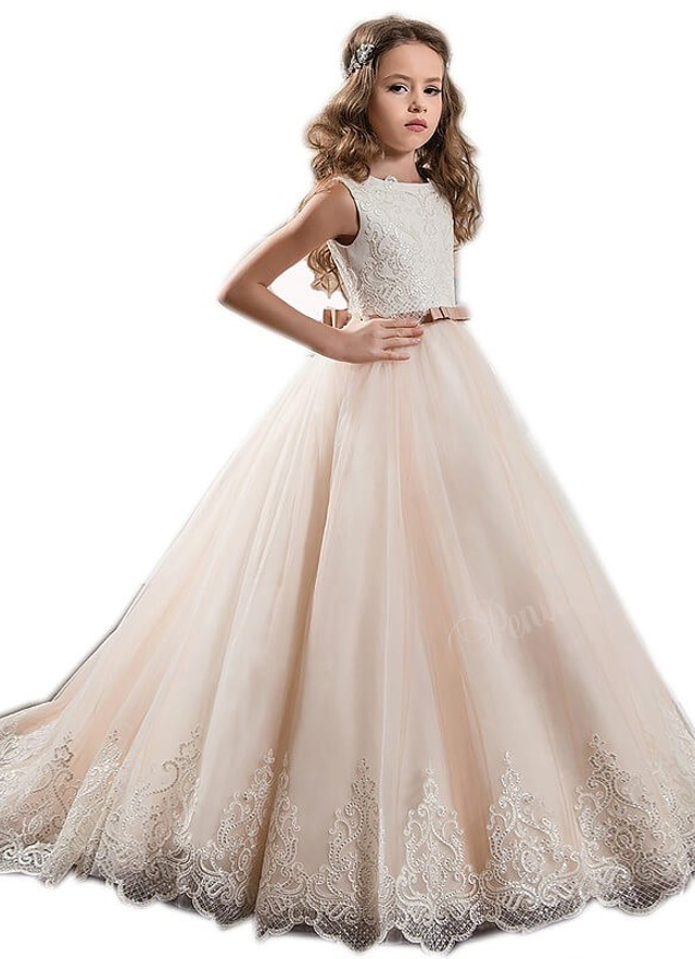 Ball-gown/princess Sleeveless Lace Sweep/brush Train Tulle Flower Girl Dresses