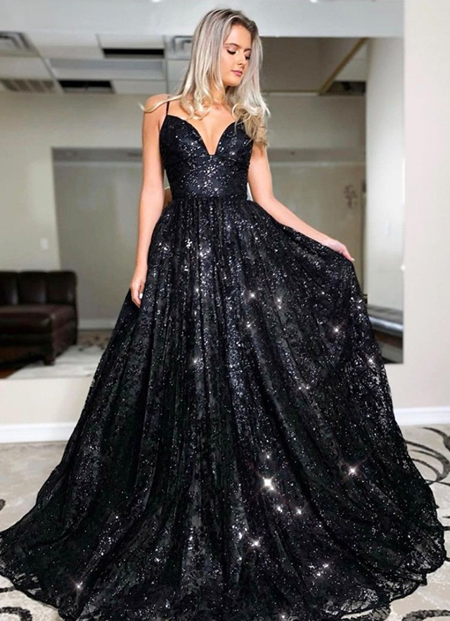 A-line/princess Floor-length V-neck Sequin Sleeveless Sequins Dresses