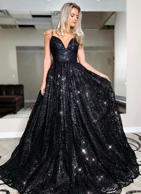 A-line/princess Floor-length V-neck Sequin Sleeveless Sequins Dresses