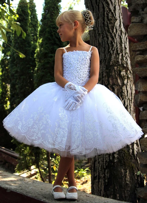 Ball-gown/princess Square Neckline Tea-length Lace Flower Girl Dresses With Beaded