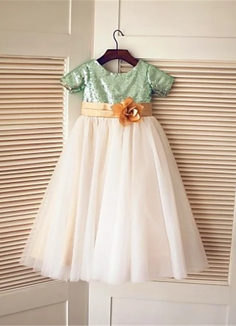 Ball-gown/princess Short Sleeves Scoop Sequin Tea-length Tulle Flower Girl Dresses