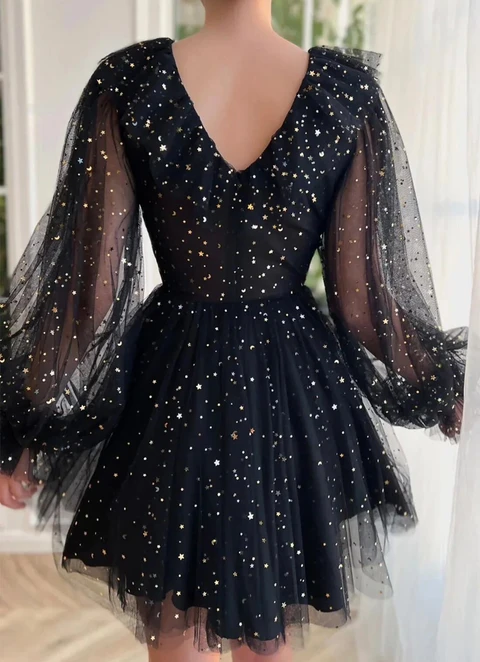 A-line V Neck Full/long Sleeve Short/mini Tulle Dresses With Sequins