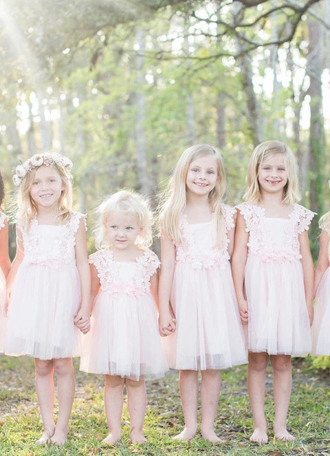 Ball-gown/princess Knee-length Square Sleevesless Tulle Flower Girl Dresses With Appliqued