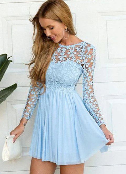 A-line Scoop Full/long Sleeve Short/mini Chiffon Dresses With Lace