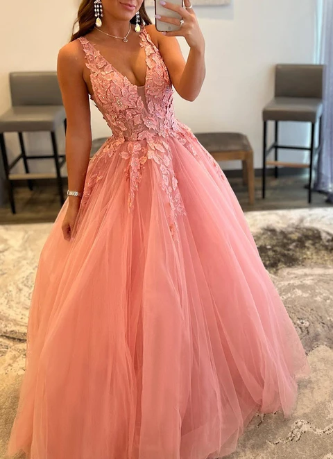 Princess A-line V Neck Sweep Train Tulle Appliqued Beading Dresses