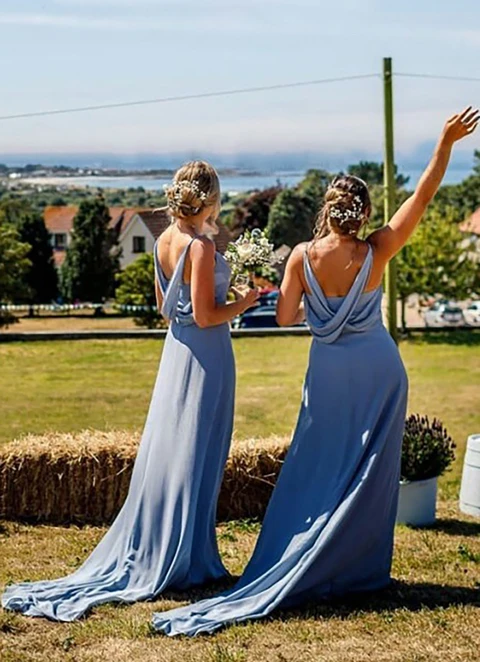 A-line V Neck Sleeveless Court Train Pleated Chiffon Bridesmaid Dresses