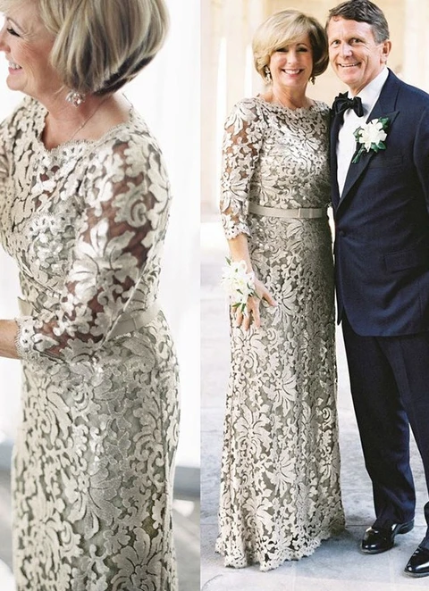 Sheath/column Lace Sash Scoop 3/4 Sleeves Floor-length Mother Of The Bride Dresses