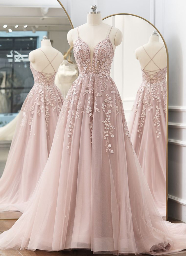 A-line V Neck Sweep Train Tulle Appliqued Beading Dresses