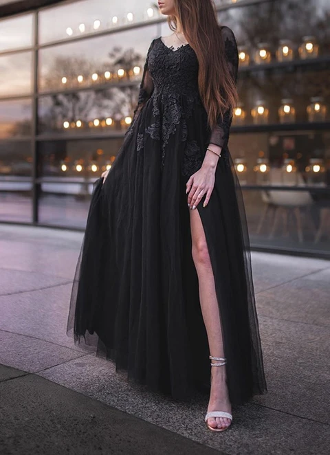 A Line Tulle Long Sleeves Applique Off-the-shoulder Floor-length Dresses