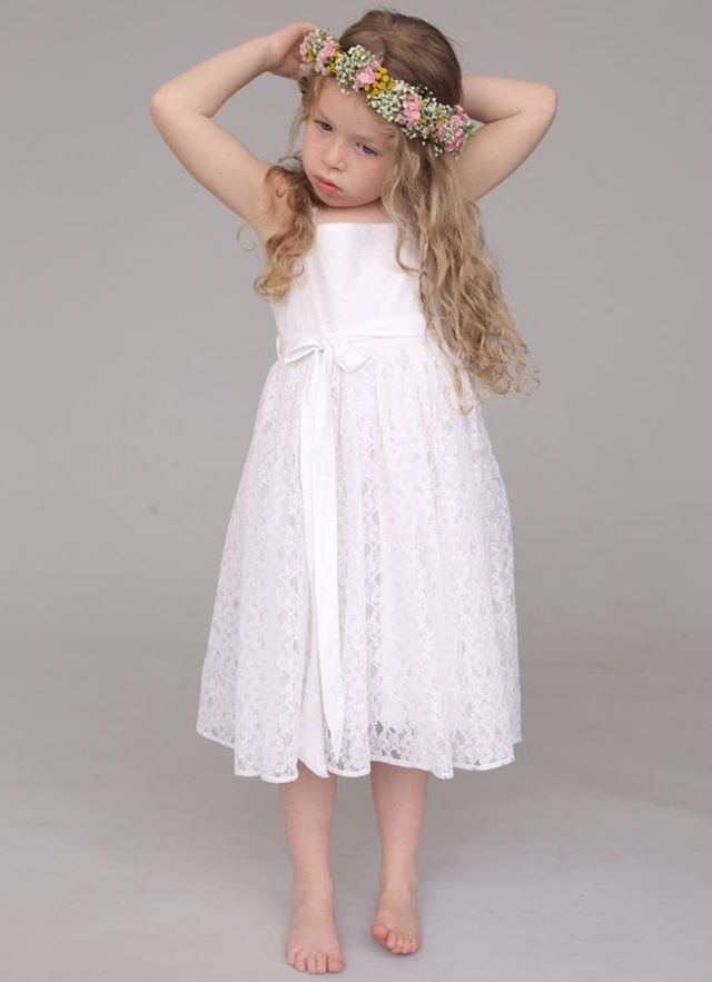 A Line Tea-length Square Sleevesless Lace Flower Girl Dresses With Sashes