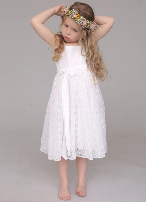 A Line Tea-length Square Sleevesless Lace Flower Girl Dresses With Sashes