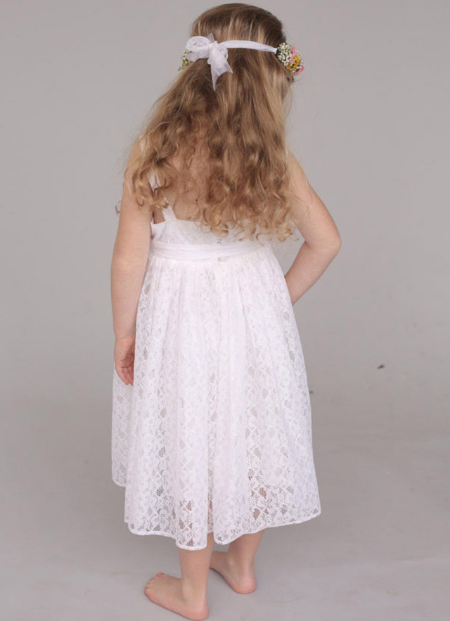 A Line Tea-length Square Sleevesless Lace Flower Girl Dresses With Sashes