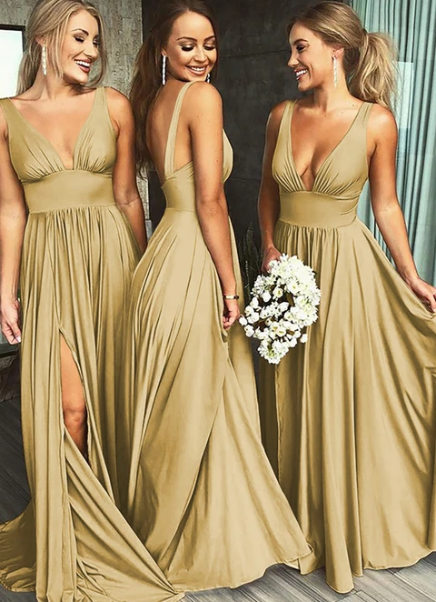 A-line V-neck Sweep Train Jersey Bridesmaid Dresses With Split Pleated Waistband