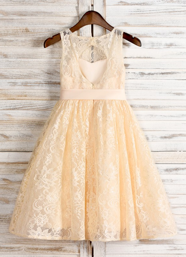 A-line Lace Sash Scoop Sleeveless Tea-length Flower Girl Dresses