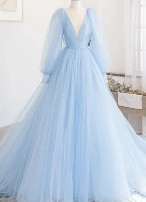 A-line Princess V Neck Full/long Sleeve Court Train Tulle Dresses