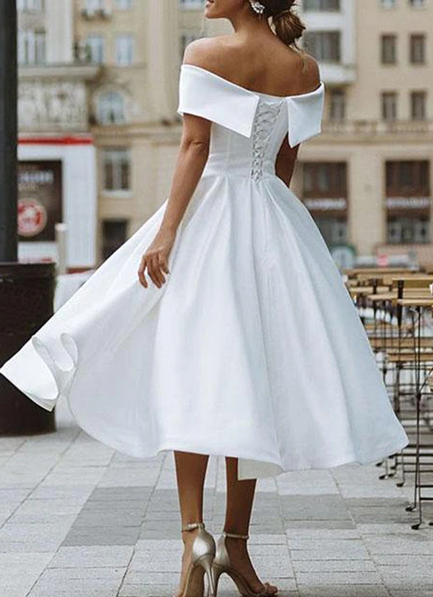 A-line Off-the-shoulder Short Sleeve Satin Tea-length Dresses With Pleated Ruffles