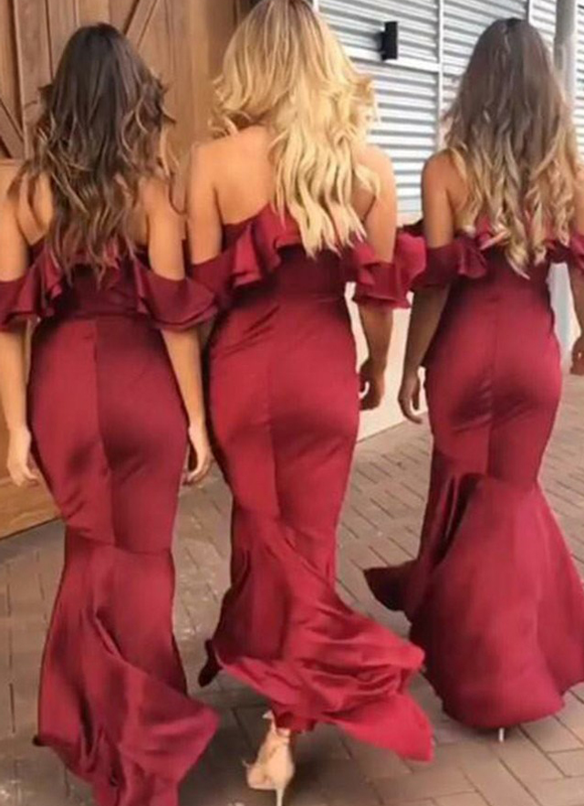 Trumpet/mermaid V Neck Asymmetrical Sleeveless Charmeuse Bridesmaid Dresses With Ruffles