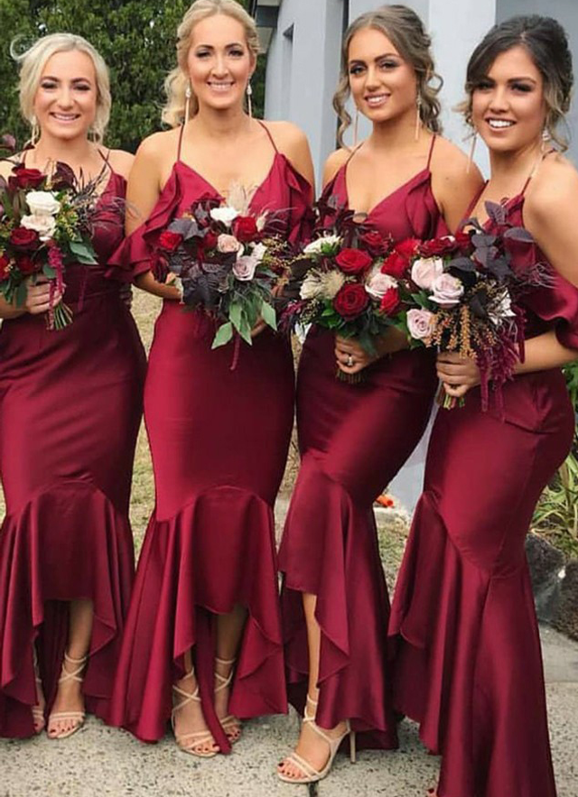 Trumpet/mermaid V Neck Asymmetrical Sleeveless Charmeuse Bridesmaid Dresses With Ruffles