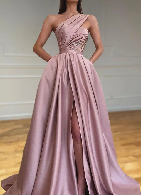 A-line One-shoulder Sleeveless Sweep Train Satin Pleated Dresses