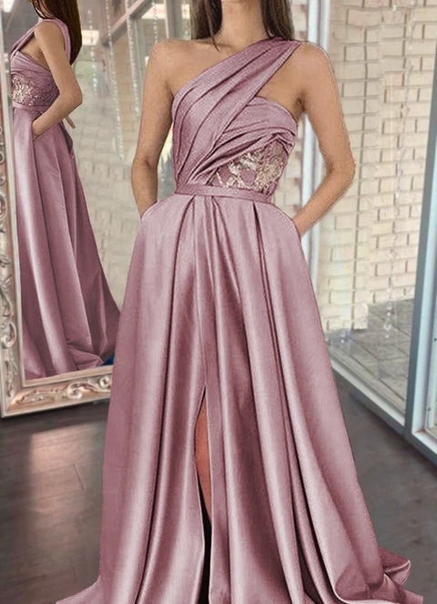 A-line One-shoulder Sleeveless Sweep Train Satin Pleated Dresses