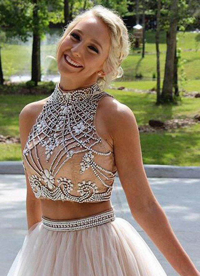 Princess Sleeveless Halter Sweep Train Tulle Two Piece Prom Dress With Beading