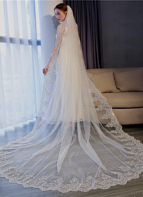 Long Tail Veil With Sequins And Lace Appliques